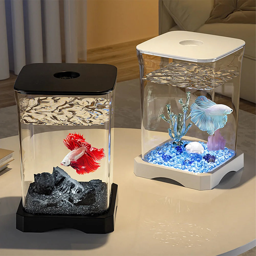 Betta Fish Tank Aquarium Starter Kit Mini Desktop Rectangular Fish Tank With Top Feeding Hole & Bottom Light Tabletop Decoration