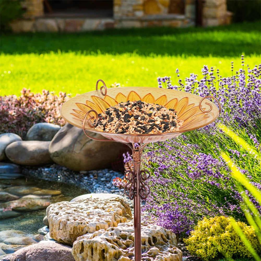 Glass Bird Bath with Metal Stake