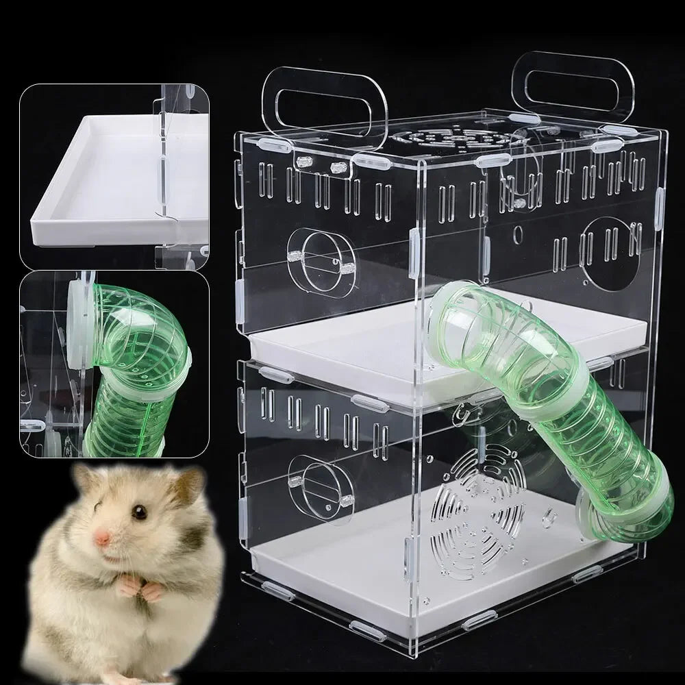 Transparent Double-Layer Small Pet House Cage for Guinea Pigs & Hamsters