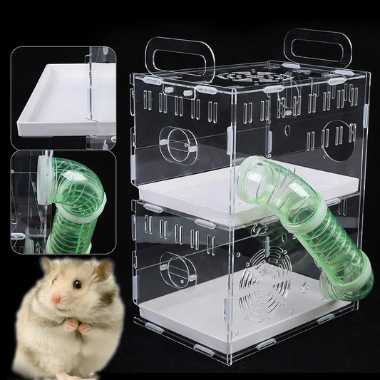 Transparent Double-Layer Small Pet House Cage for Guinea Pigs & Hamsters