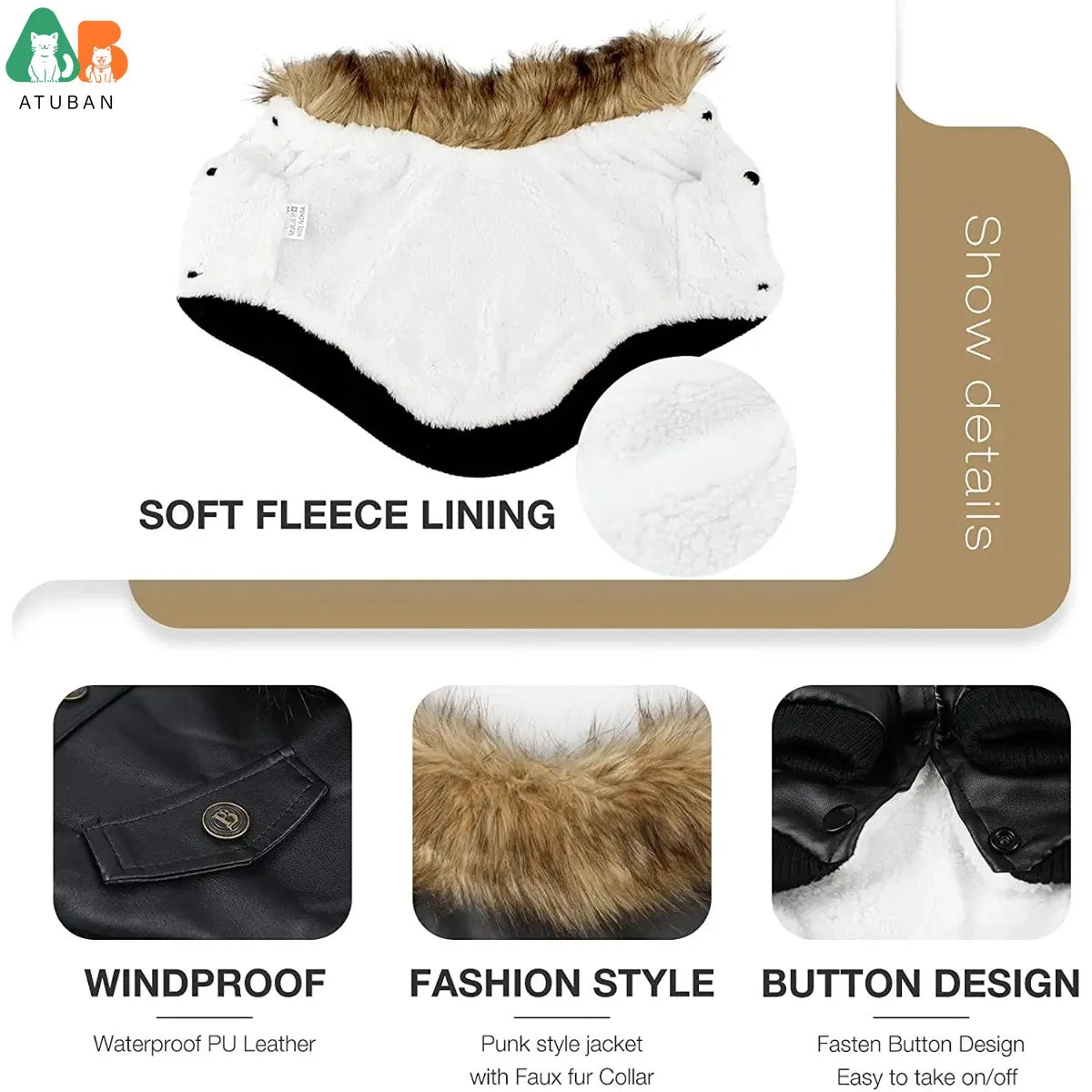 ATUBAN Leather Dog Coats Waterproof Dog Winter Coat Puppy Jackets for Small to Medium Dogs clothes for pets dog clothes winter