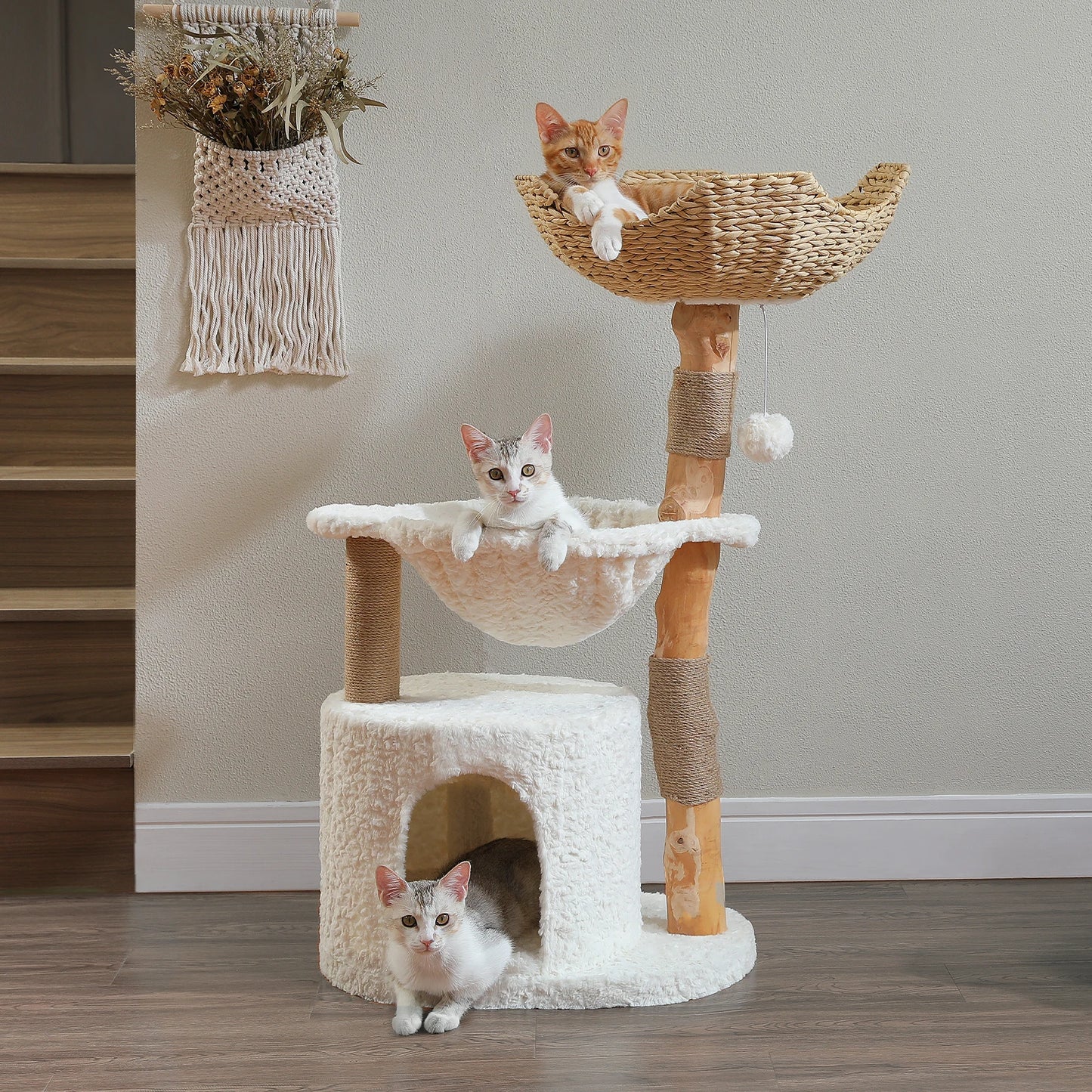 Modern Cat Tree, Natural Wood Cat Tower with Large Wicker Basket, Spacious Condo, Deep Hammock, Luxury Cat House Bed for Indoor