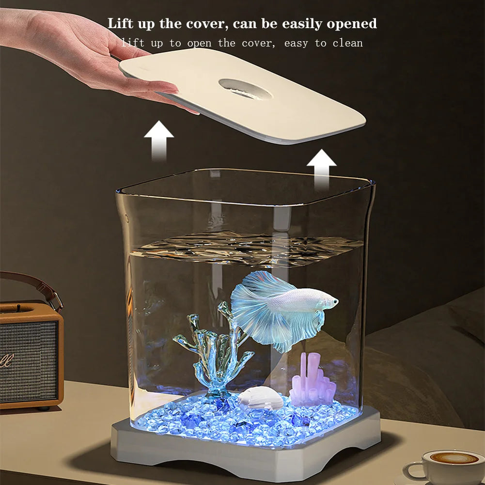 Betta Fish Tank Aquarium Starter Kit Mini Desktop Rectangular Fish Tank With Top Feeding Hole & Bottom Light Tabletop Decoration