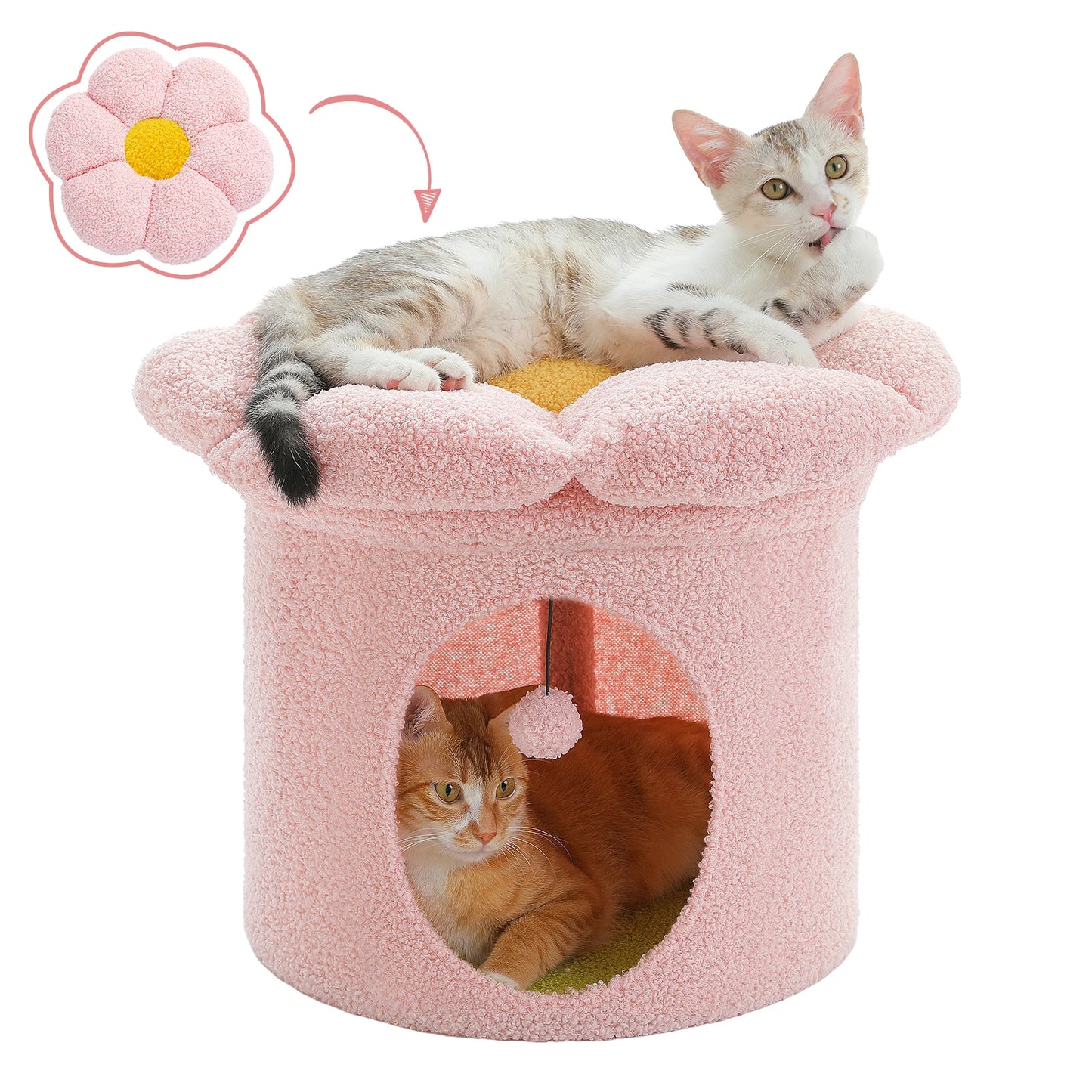 Cat Bed for Indoor Cats, Large Cat House with Removable Flower Cat Bed, Cute Cat Cave Cat Hideaway, Indoor Cat House Condo