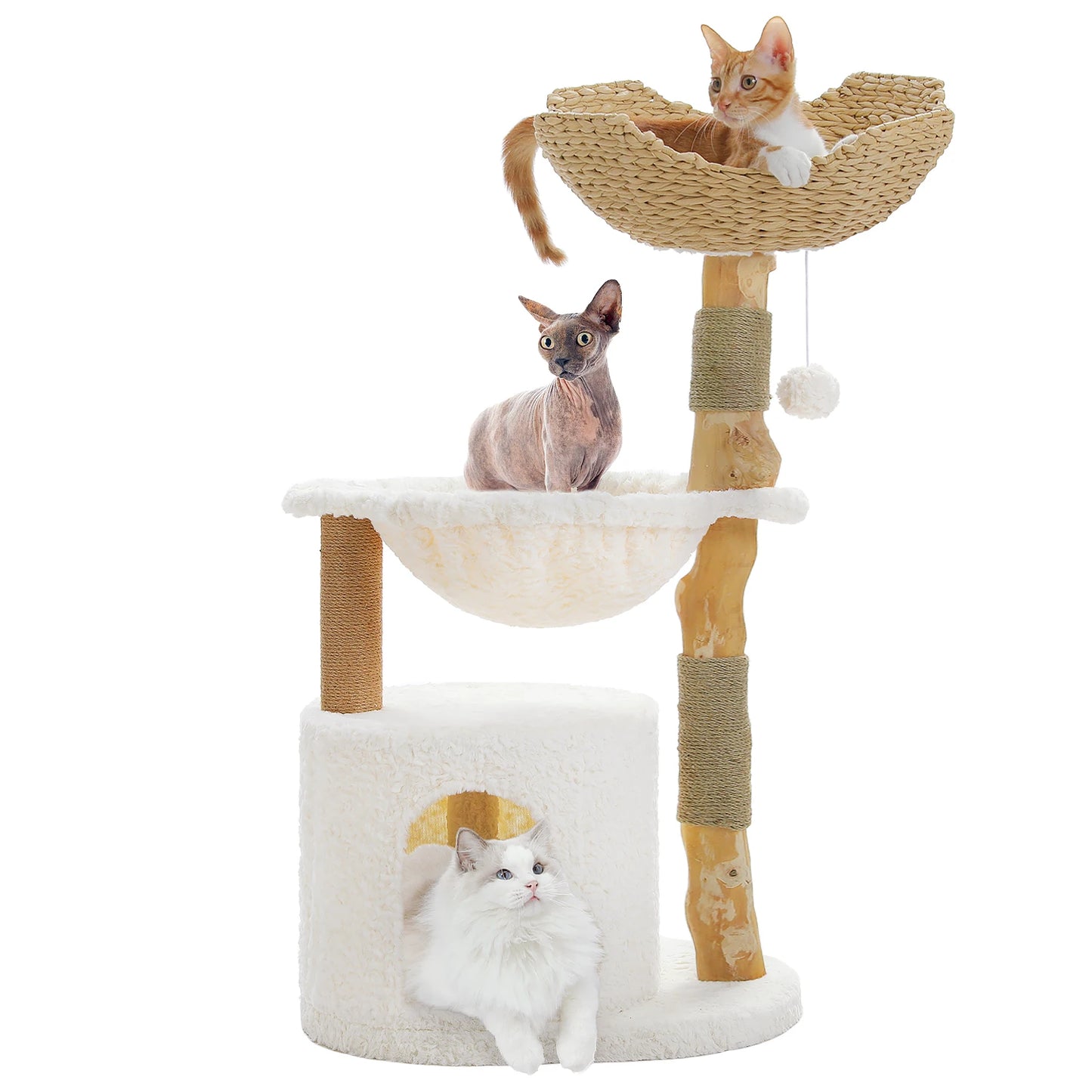 Modern Cat Tree, Natural Wood Cat Tower with Large Wicker Basket, Spacious Condo, Deep Hammock, Luxury Cat House Bed for Indoor