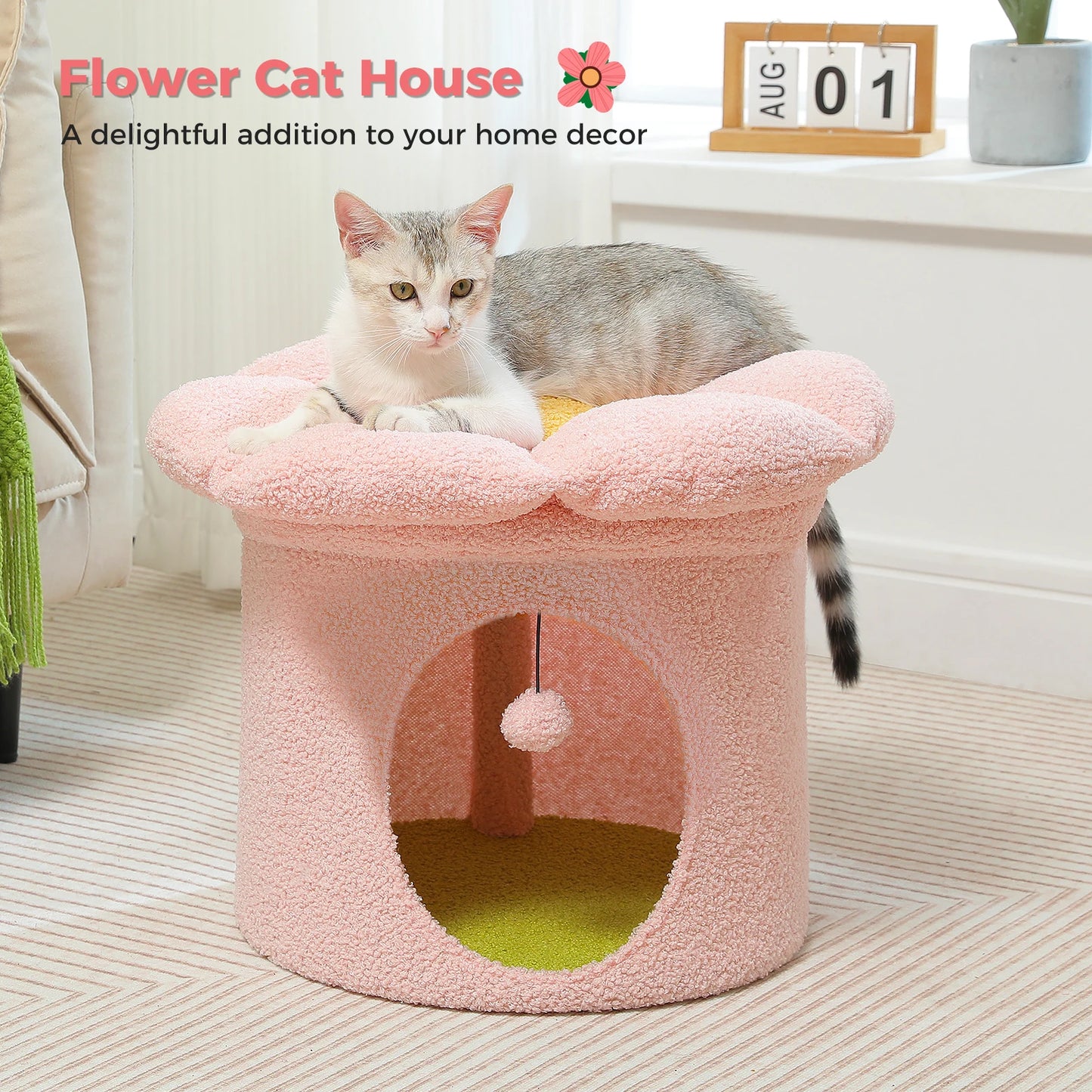 Cat Bed for Indoor Cats, Large Cat House with Removable Flower Cat Bed, Cute Cat Cave Cat Hideaway, Indoor Cat House Condo