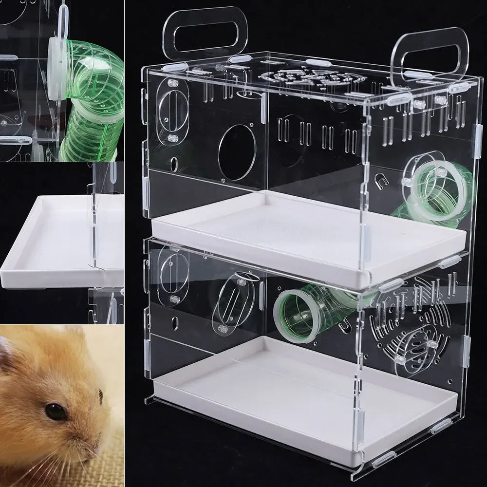 Transparent Double-Layer Small Pet House Cage for Guinea Pigs & Hamsters