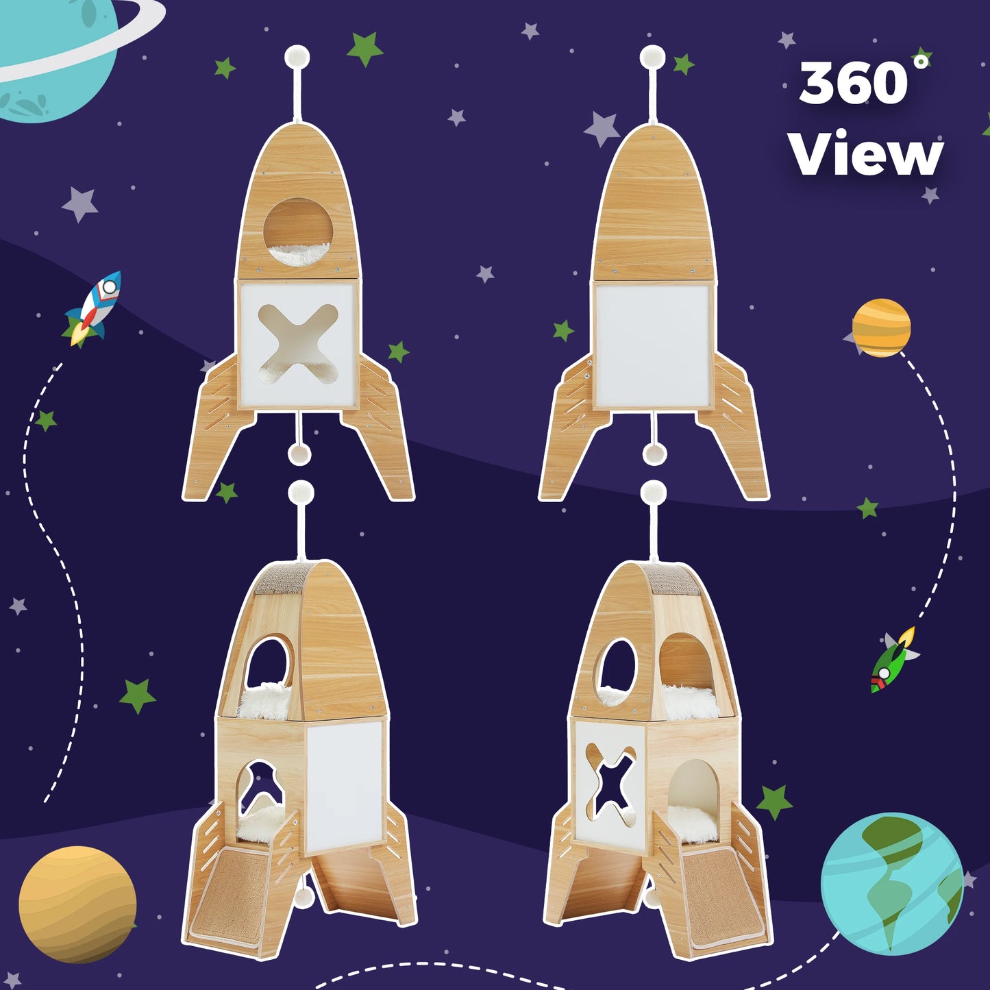 Rocket Shaped Wood Cat Tower
