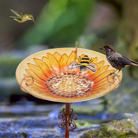 Glass Bird Bath with Metal Stake