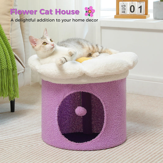 Cat Bed for Indoor Cats, Large Cat House with Removable Flower Cat Bed, Cute Cat Cave Cat Hideaway, Indoor Cat House Condo