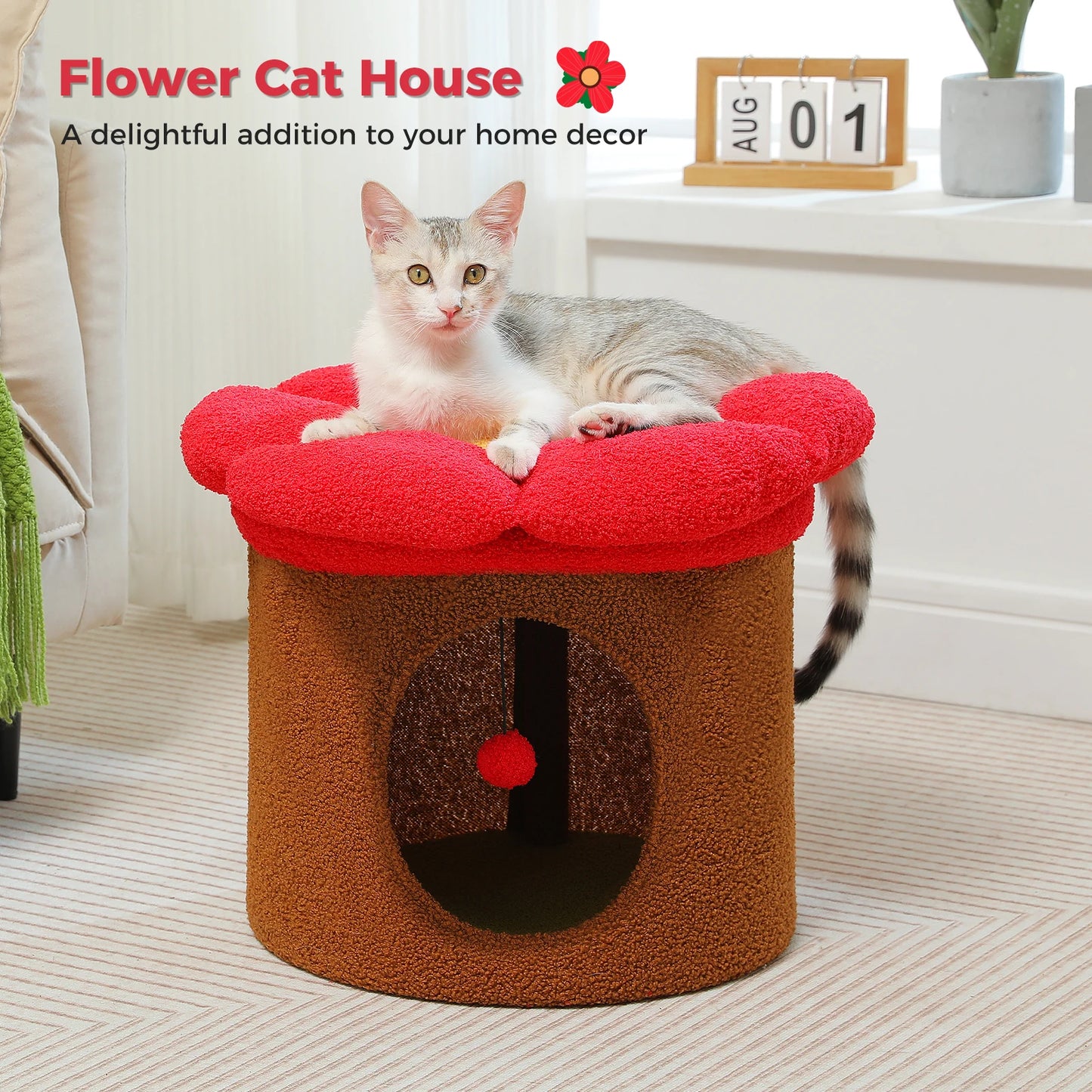 Cat Bed for Indoor Cats, Large Cat House with Removable Flower Cat Bed, Cute Cat Cave Cat Hideaway, Indoor Cat House Condo