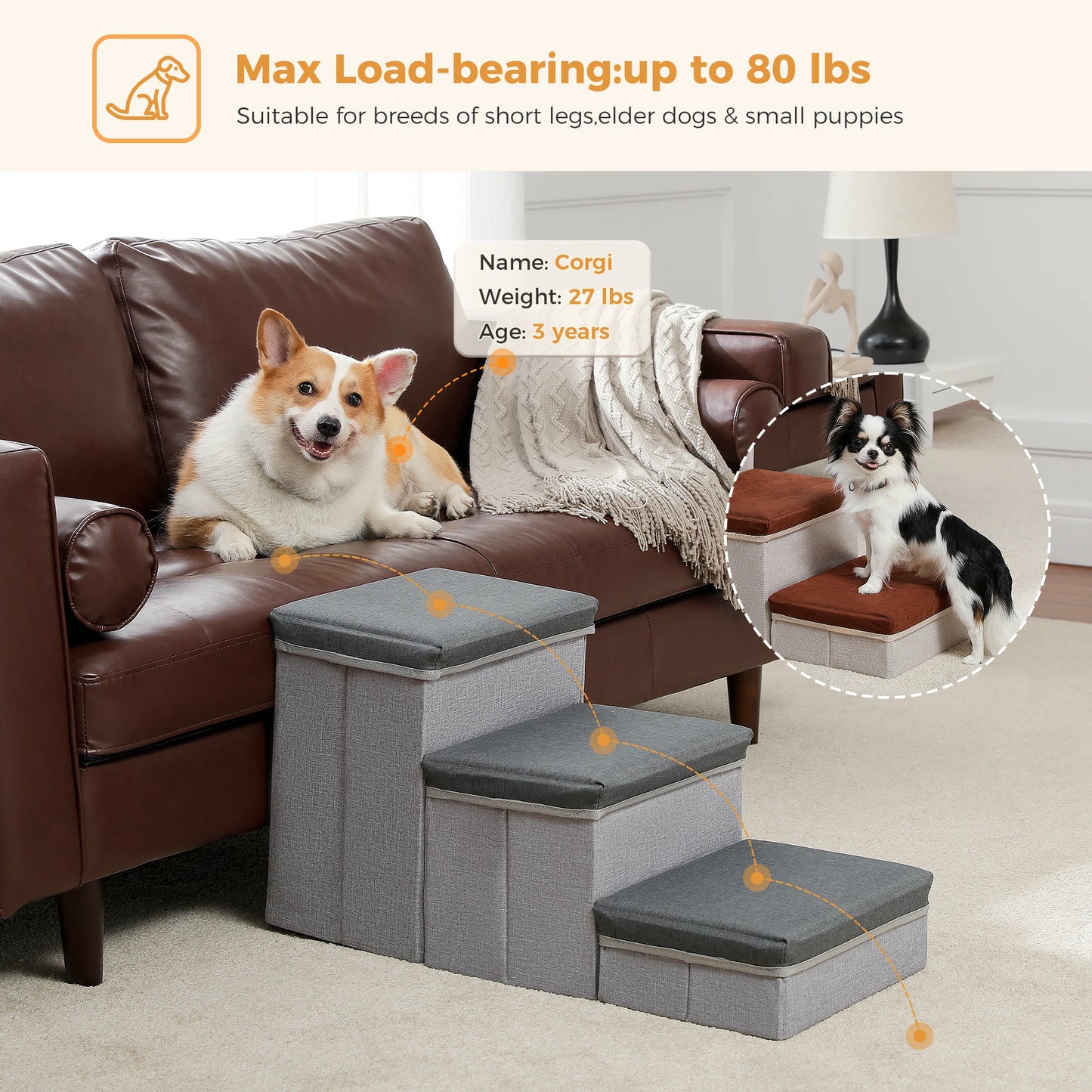 3-Tier Foldable Dog Stairs With Storage