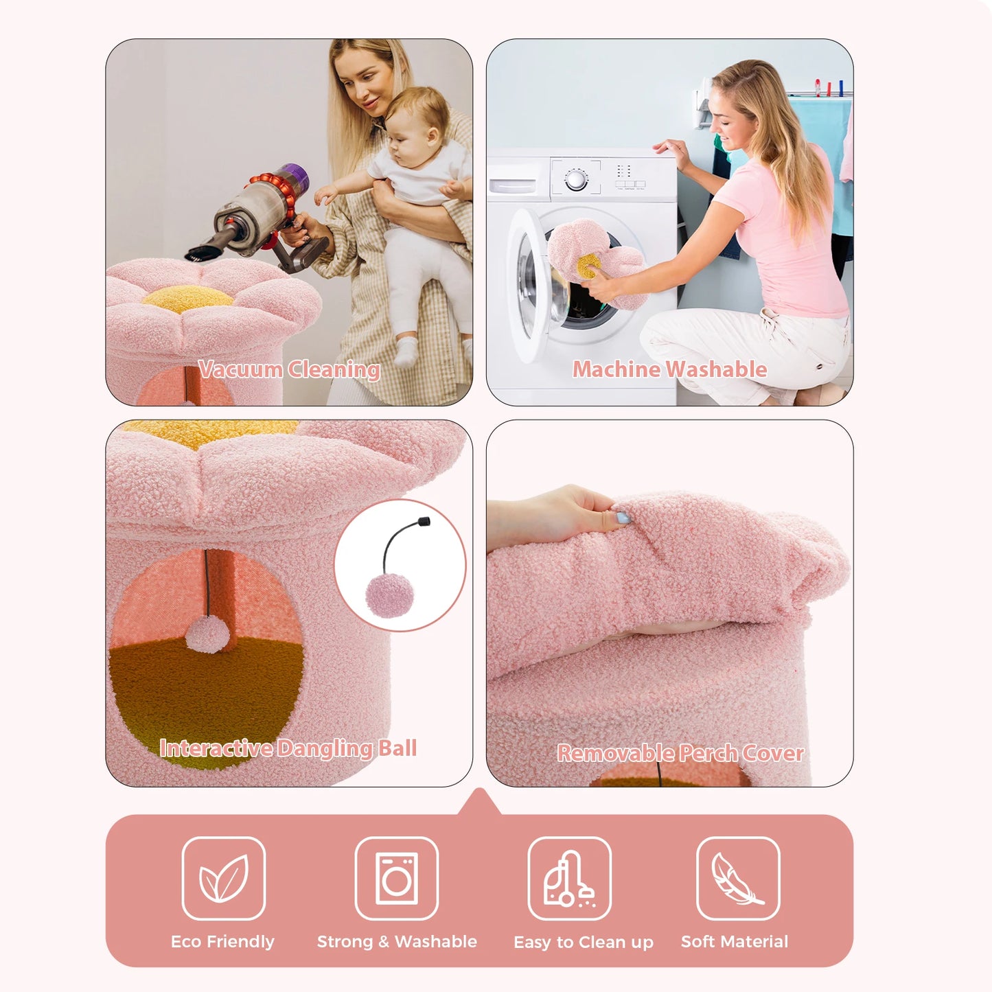 Cat Bed for Indoor Cats, Large Cat House with Removable Flower Cat Bed, Cute Cat Cave Cat Hideaway, Indoor Cat House Condo