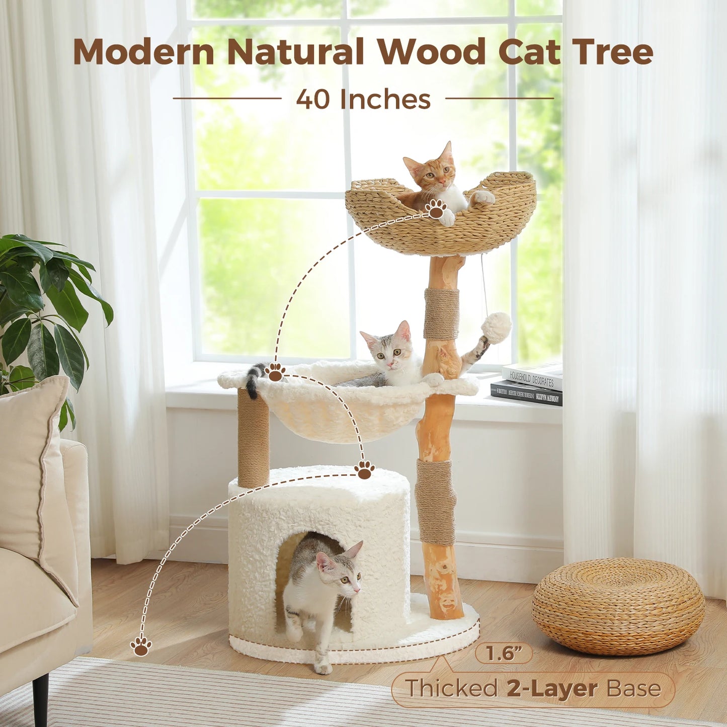 Modern Cat Tree, Natural Wood Cat Tower with Large Wicker Basket, Spacious Condo, Deep Hammock, Luxury Cat House Bed for Indoor