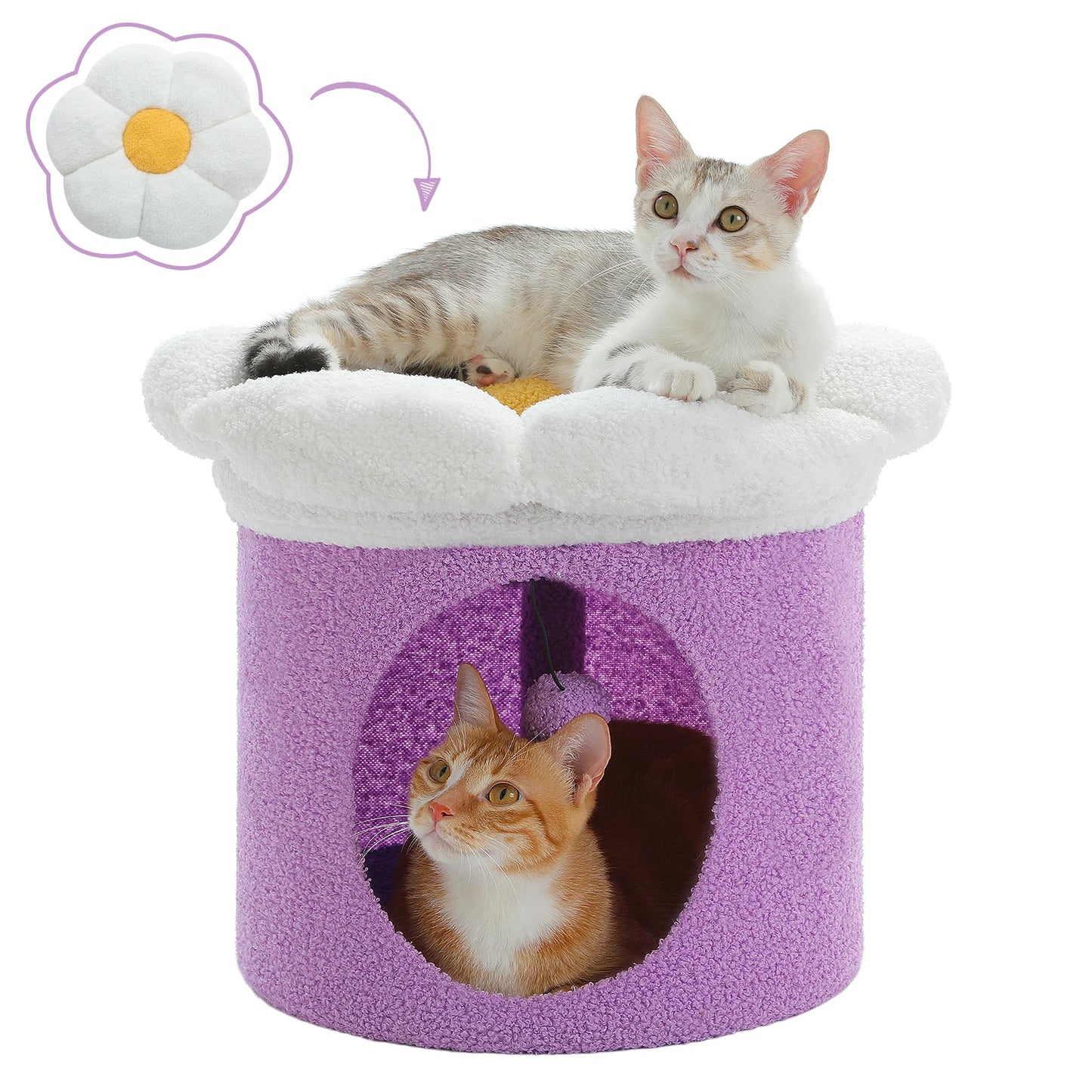 Cat Bed for Indoor Cats, Large Cat House with Removable Flower Cat Bed, Cute Cat Cave Cat Hideaway, Indoor Cat House Condo